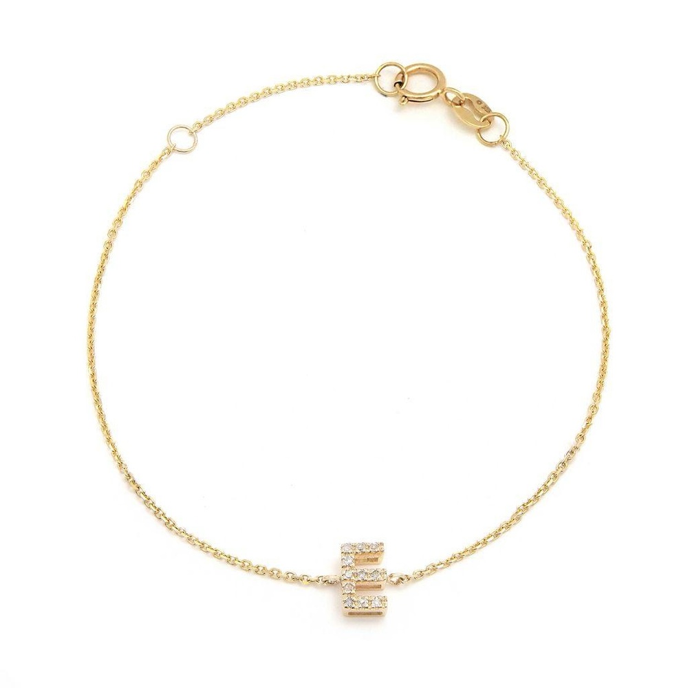 14K Real Yellow Gold  Initial ”E” Single Prong Diamond Bracelet 7+1″